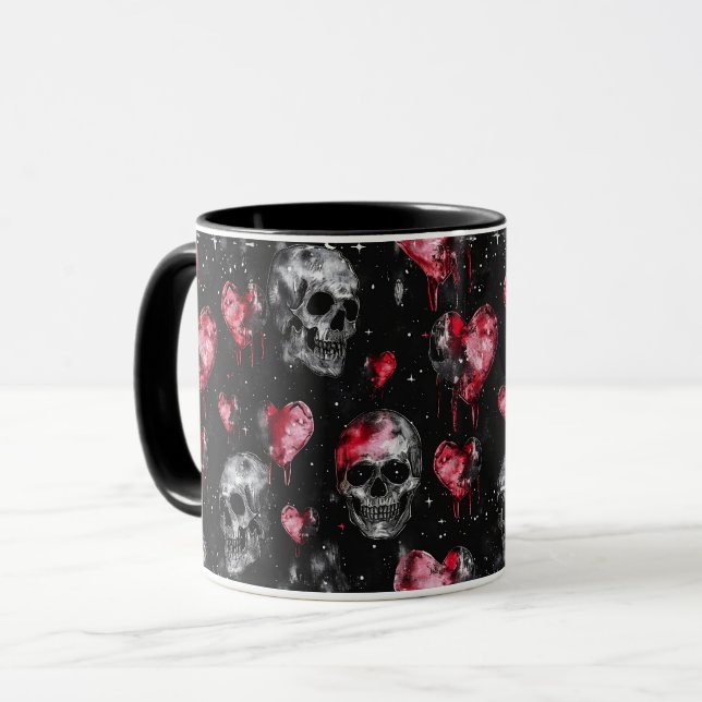 Caneca Crânios de amor gótico e corações vermelhos (Frente Esquerda)
