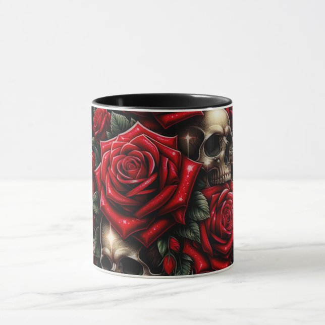 Caneca Crânios Dourados & Rosas Vermelhas Brilham com Gla (Centro)
