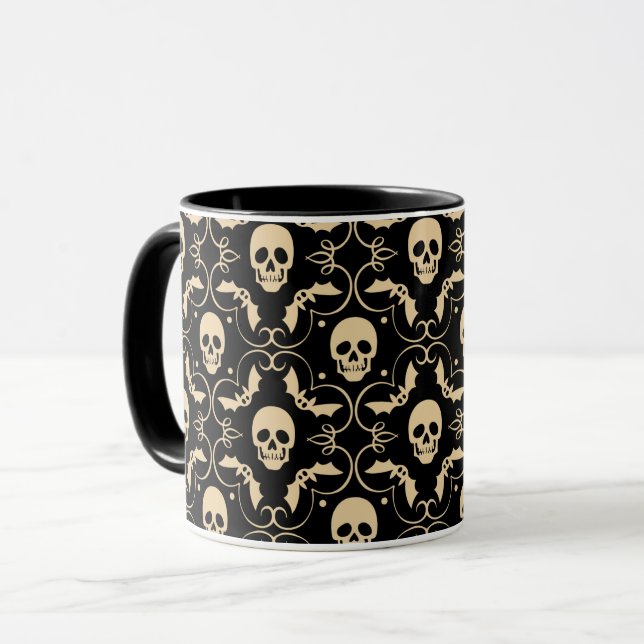 Caneca Crânios e morcegos do Dia das Bruxas Preto e Creme (Frente Esquerda)