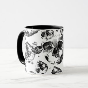 Caneca Cránios Preto e Branco Padrão de Arte de Caveira
