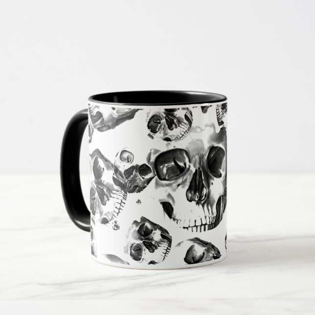 Caneca Cránios Preto e Branco Padrão de Arte de Caveira (Frente Esquerda)