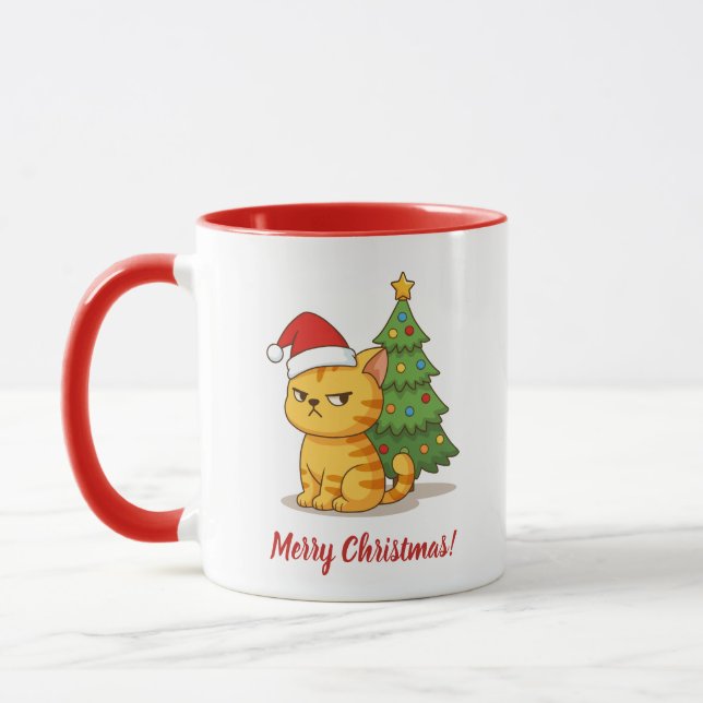 Caneca Cranky Orange Tabby Cat Red Hat Christmas Tree (Esquerda)
