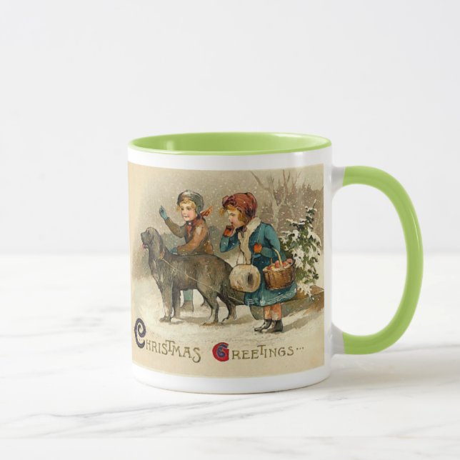Caneca Criança com cachorro no dia de Natal (Direita)