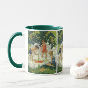 Caneca Crianças Antigas Brincando com Barcos à Vela de Br