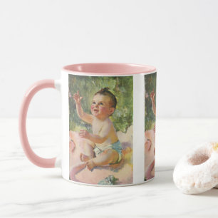Caneca Crianças Vintage, Menina Bonita em Um Banquete Ros