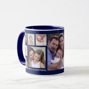 Caneca Crie a sua família de 13 fotos azul de colagem