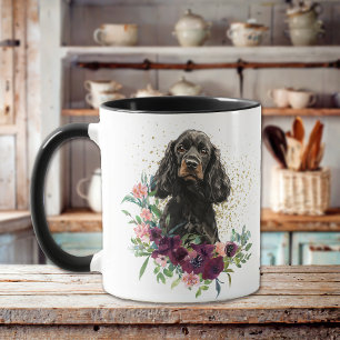 Caneca Crimson Floral Buquê Black Tan Cocker Spaniel
