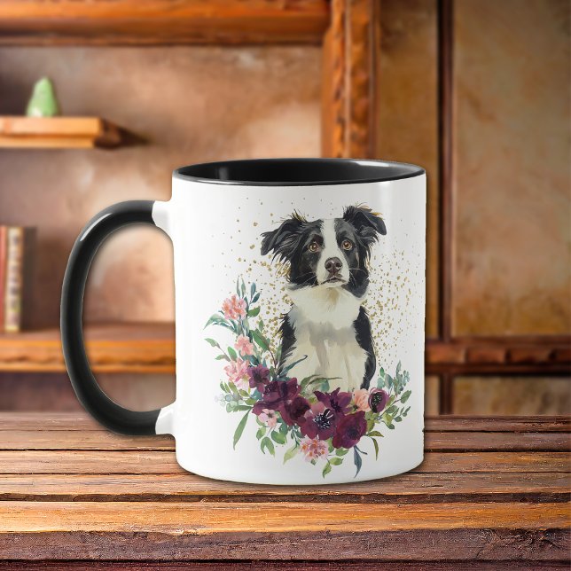 Caneca Crimson Floral Buquê Border Collie Dog (Criador carregado)