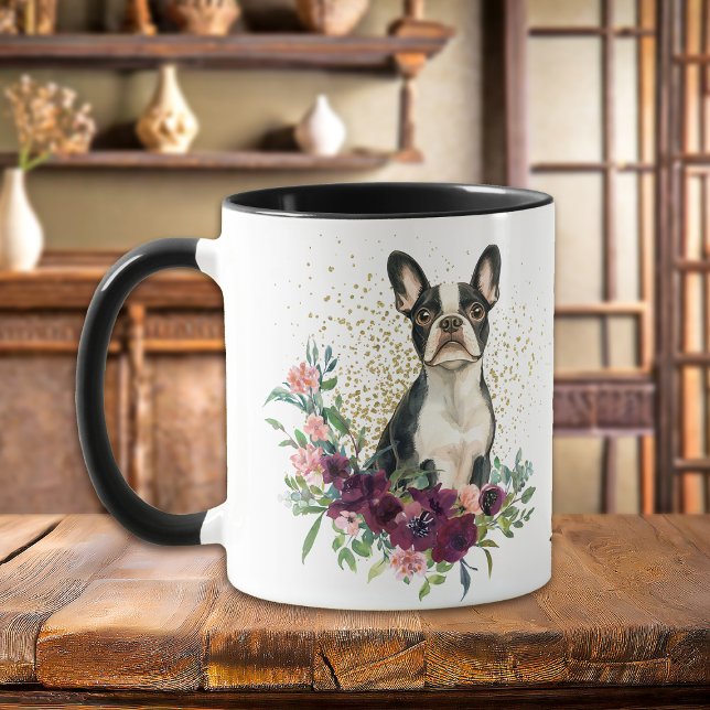 Caneca Crimson Floral Buquê Boston Terrier Dog (Criador carregado)