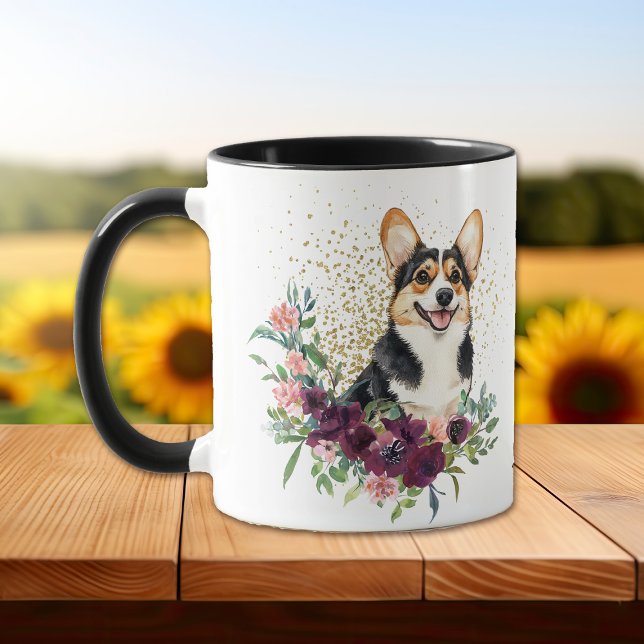 Caneca Crimson Floral Buquê Cardigan Welsh Corgi (Criador carregado)