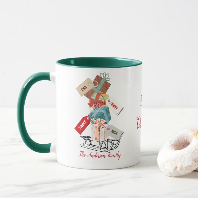 Caneca Cristã Moderna da Família Vermelha Verde Vermelha  (Com Donut)