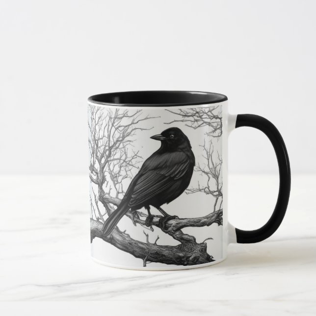 Caneca Crow Perched on Bare Winter Branches (Direita)