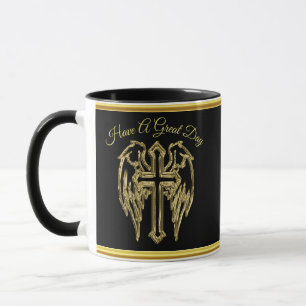 Caneca cruz católica preta e dourada com asas