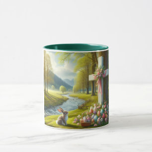 Caneca cruz de páscoa com coelho e ovos