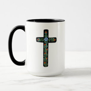 Caneca Cruz Pintada com Flor Azul