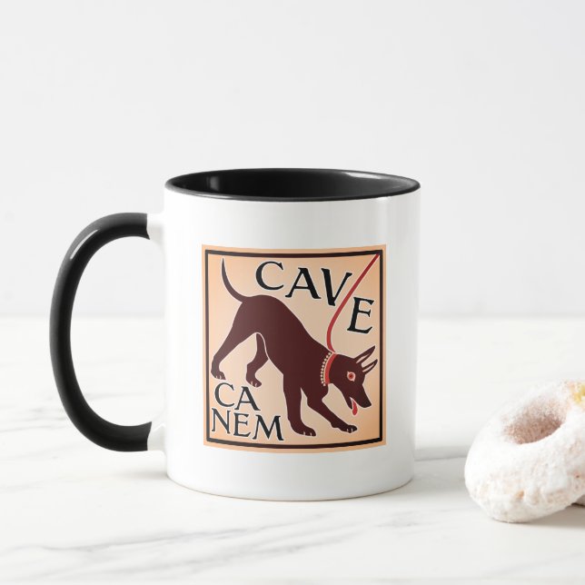 Caneca Cuidado com a imagem greco-romana do cão "Cave Can (Com Donut)