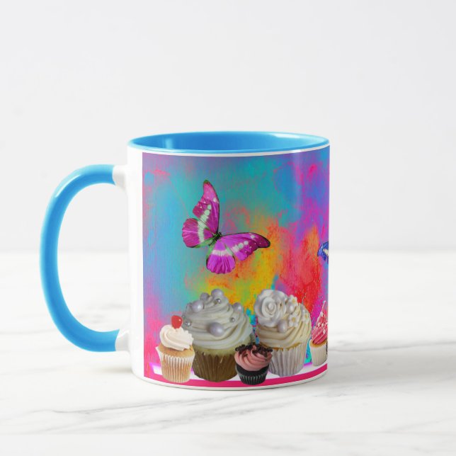 Caneca CUPCAKES DELICIOSOS E MANTEIRAS cor-de-rosa azul (Esquerda)