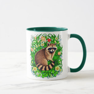 Caneca Curioso guaxinim em um Jardim Flor Colorido