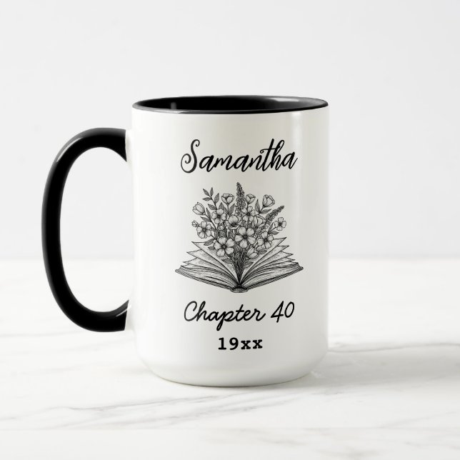 Caneca Custom 40th Birthday Name - Chapter 40 Floral Book (Esquerda)