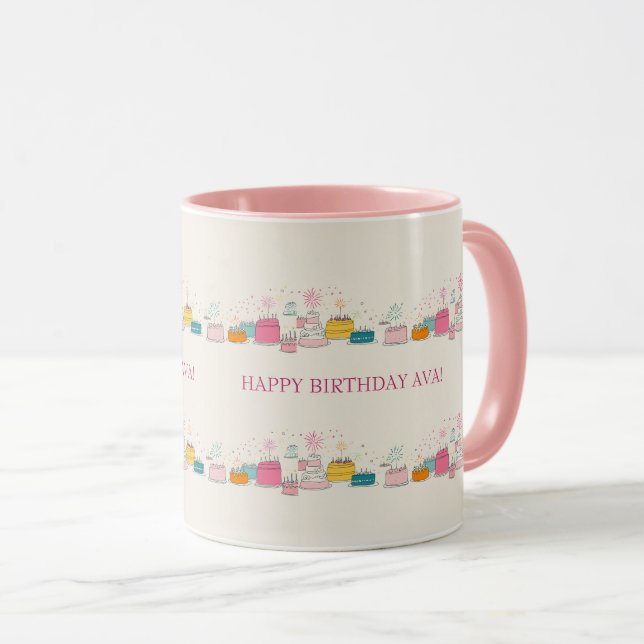 Caneca Custom Birthday Mug – Cream Confetti & Cake Doodle (Frente Esquerda)