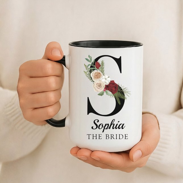 Caneca Custom Floral Alphabet Mug Gift for Bride Wife (Personalized Monogram Floral Alphabet Mug for Mom, Grandma, Teacher, Nurse, Lawyer or Bridesmaid)