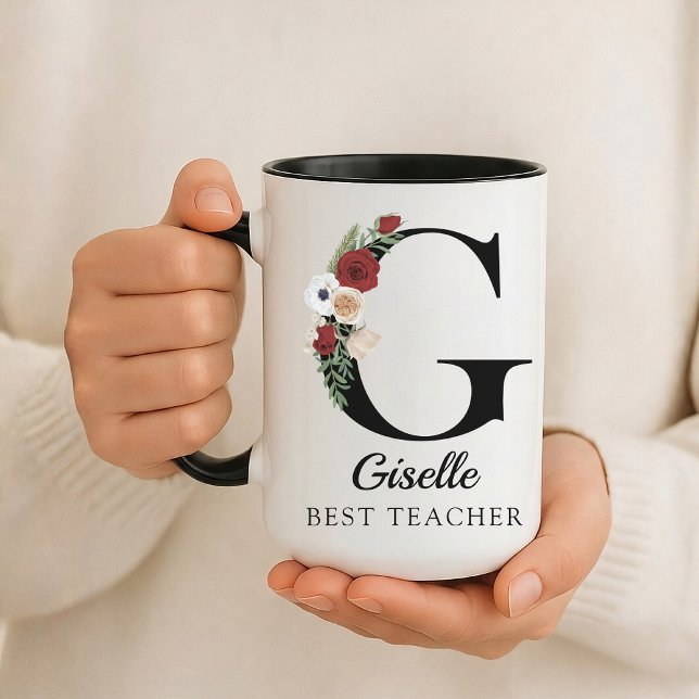 Caneca Custom Floral Monogram Mug Gift for Best Teacher (Personalized Floral Alphabet Mug Gift for Mom, Teacher, Nurse, Doctor, Coworker, Boss or Bridesmaid)