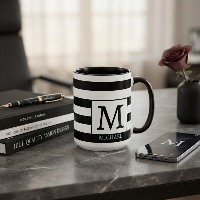 Caneca Custom Monogram Initial Name Black  White Stripes (Criador carregado)