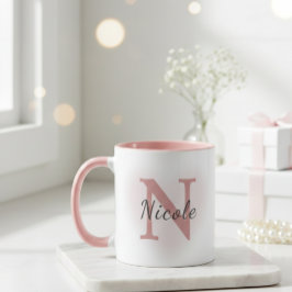 Caneca Custom Name &Initial Elegant Dusty Rose Pink Mug  