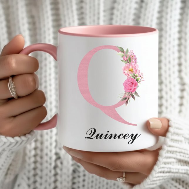 Caneca Custom Name Pink Floral Mug Christmas Gift for Mom (Personalized Rose Monogram Mug Birthday Gift for Her, Pink Floral Rose Mug Graduation Gift for Her)