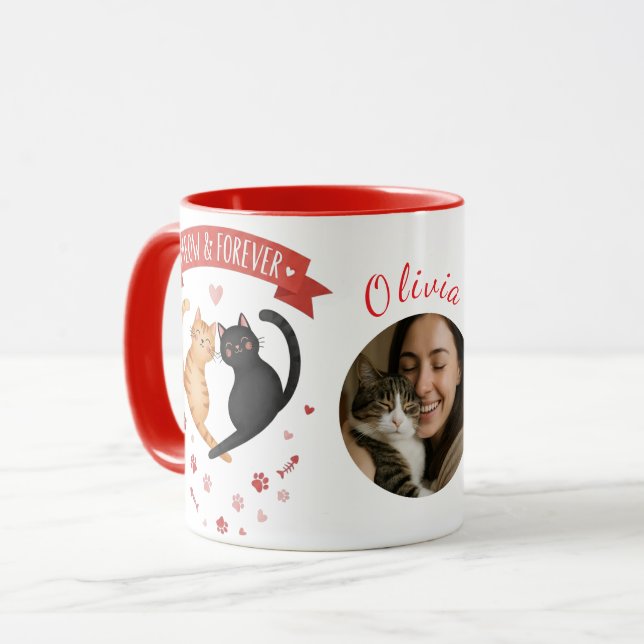 Caneca Custom Photo & Name Valentine's Cat Mom Gift (Frente Esquerda)