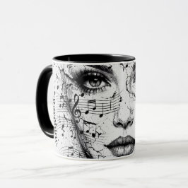 Caneca Customized Music Sheet Face Art Black White Artist
