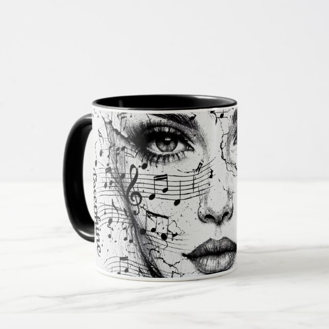 Caneca Customized Music Sheet Face Art Black White Artist (Frente Esquerda)