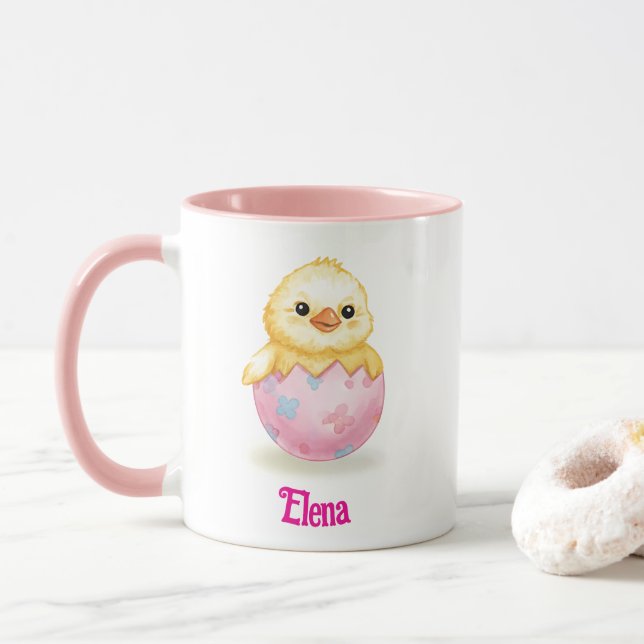 Caneca Cute Baby Chick Watercolor Easter Personalize Name (Com Donut)