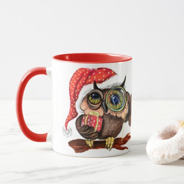Caneca Cute Baby Owls In Christmas Hat and Gift For You  (Com Donut)