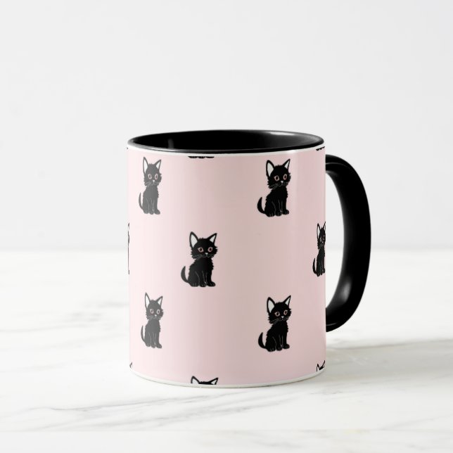 Caneca Cute Black Cat Pattern on Pastel Pink (Frente Esquerda)
