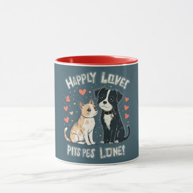 Caneca Cute Cat & Dog Love Funny Pet Couple Cartoon Gift (Centro)