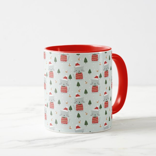 Caneca Cute Christmas Cat Pattern – Festive Holiday  (Frente Esquerda)