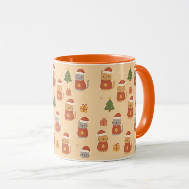 Caneca Cute Christmas Cat Pattern – Kawaii Festive Cats & (Frente Esquerda)