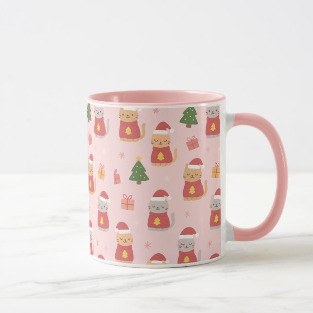 Caneca Cute Christmas Cats Pattern – Pink Holiday Design (Direita)