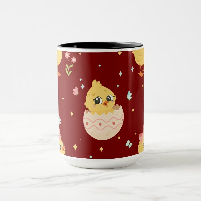 Caneca Cute Easter Chick with Pink Bow Seamless Pattern  (Centro)