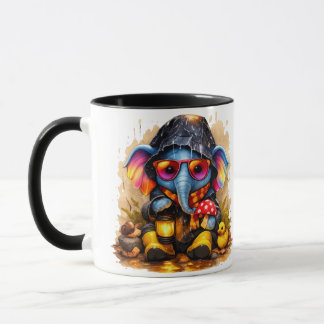 Caneca Cute Elephant in Raincoat with Lantern Cartoon Cof