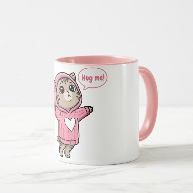 Caneca Cute Gato Me Abraça Moletom Rosa Coração  (Frente Esquerda)