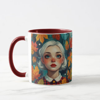 Caneca Cute Girl Fall Leaves Autumn Colors