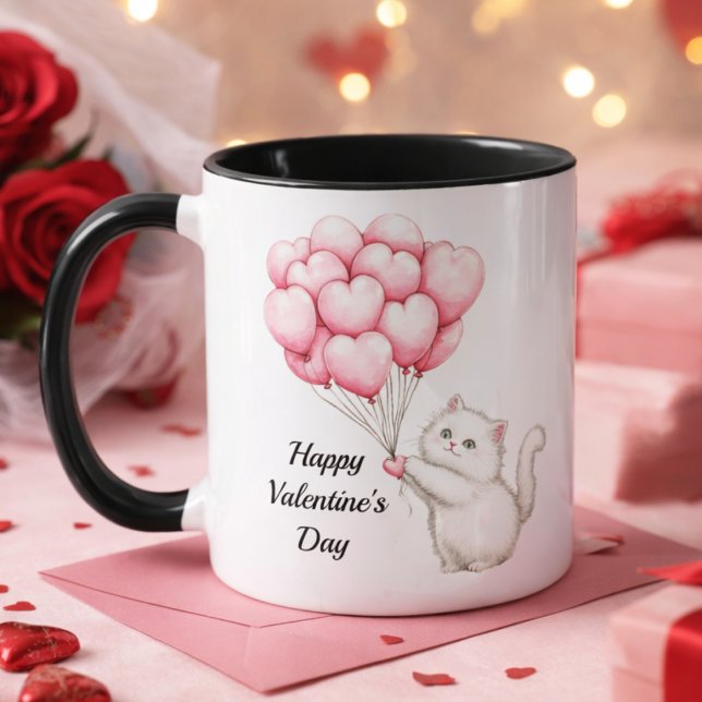 Caneca Cute Kitten Pink Heart Balloons Valentine’s Day (Criador carregado)