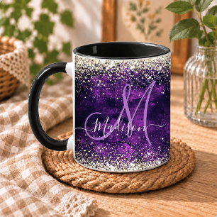 Caneca Cute monograma dourado roxo escuro falso brilhante
