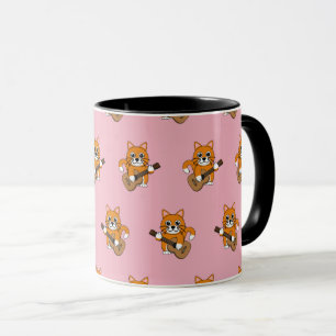 Caneca Cute Orange White Cat Playing Guitar Cartoon