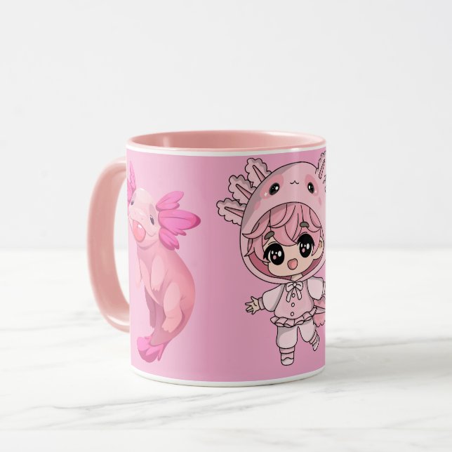 Caneca Cute Pink Axolotl Kawaii Chibi Girl Coffee Mug (Frente Esquerda)