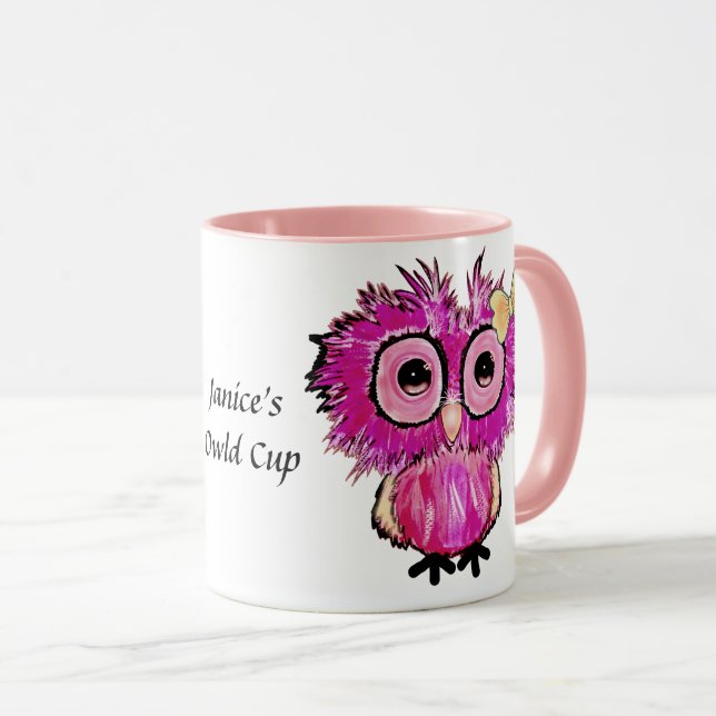 Caneca Cute Pink Owl (Copo da Owld) Editável (Frente Esquerda)