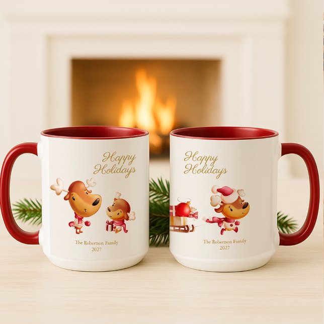 Caneca Cute Reindeer Happy Holidays Personalized (Criador carregado)