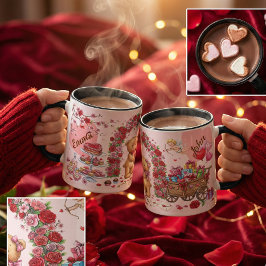 Caneca Cute Romantic Red & Pink Watercolor Love Pattern